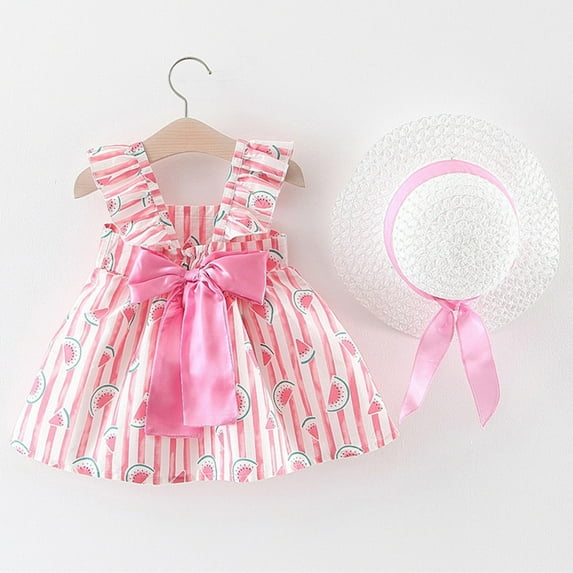 LoyisViDion Baby Girls Dress Clearance Toddler Baby Kids Girls Floral Ruched Bow Watermelon Princess Dress Clothes Hat Pink 18-24 Months