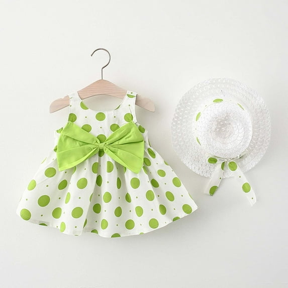 LoyisViDion Baby Girls Dress Toddler Kid Baby Girl Summer Bow Polka Dot Suspender Dress with Hat Green 1-2years