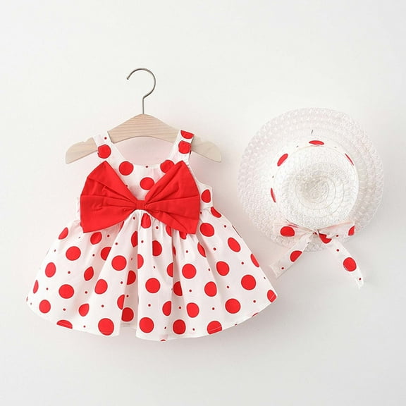 LoyisViDion Baby Girls Dress Toddler Kid Baby Girl Summer Bow Polka Dot Suspender Dress with Hat Red 1-2years