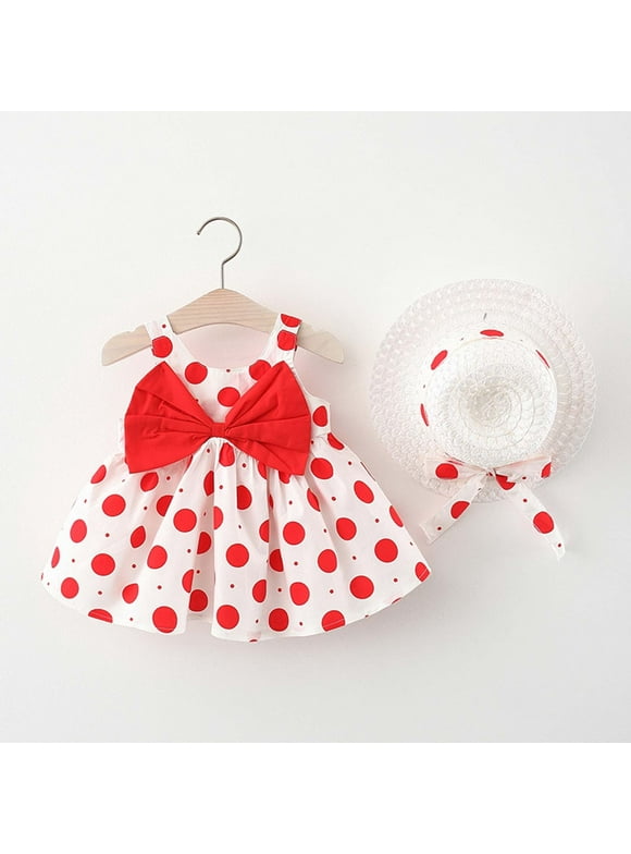 LoyisViDion Baby Girls Dress Clearance Toddler Kid Baby Girl Summer Bow Polka Dot Suspender Dress with Hat Red 2-3years