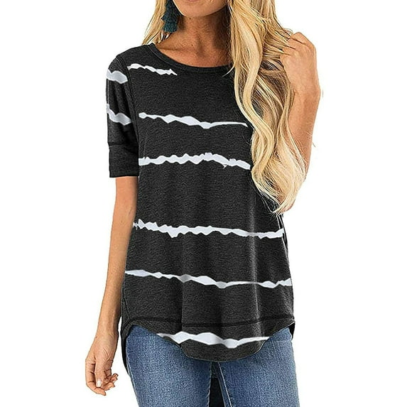 LoyisViDion Blouses for Women Clearance Women'S Casual Printing O-Neck Stripe Short Sleeve Tops Loose Blouses T-Shirt Flash Picks Black 8(L)