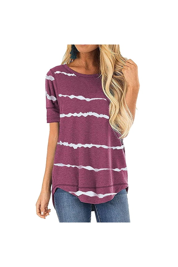 UTTOASFAY Blouses for Women Women'S Casual Printing O-Neck Stripe Short Sleeve Tops Loose Blouses T-Shirt Wine 4(S)