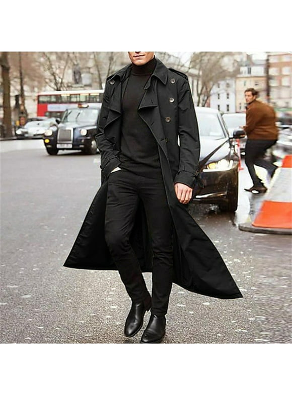 LoyisViDion Business Style Coats for Men British Style Slim Fit Rice Waterproof Suit Men's Winter Fashion Easy Solid Color Warm Lapel Coat On Clearance Black