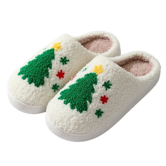 LoyisViDion Christmas Slippers for Women Winter Warm Padded Warm Shoes Christmas Tree Slippers for Women Women's Home Soft Bottom Non-slip Indoor Floor Mute Slippers for Women White 38-39