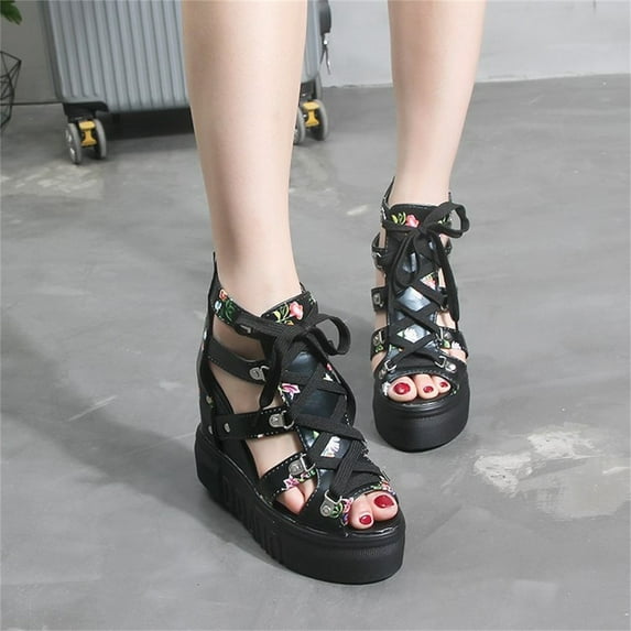 LoyisViDion Clearance Sandals for Women Sponge Cake Thick-Soled Fish Mouth High-Heeled Sandals Floral Lace-Up Plus Size Roman Sandals Special offers Black 9.5-10