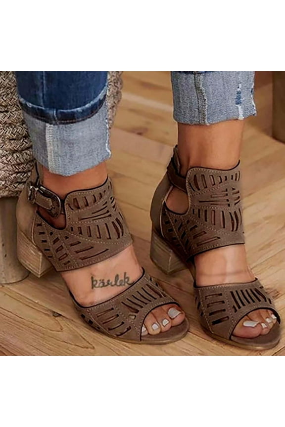 Clearance Sandals for Women Hot Rhinestone Hollow Fish Mouth Metal Buckle Back Zipper Thick Heel Sandals Flash Picks Brown 5.5