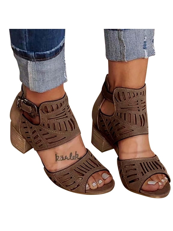 Clearance Sandals for Women Hot Rhinestone Hollow Fish Mouth Metal Buckle Back Zipper Thick Heel Sandals Flash Picks Brown 8.5