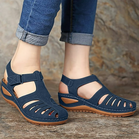 UTTOASFAY Sandals for Women Woman Summer Fashion Casual Sandals Casual Flat Solid Color Loophole Shoes Blue 7