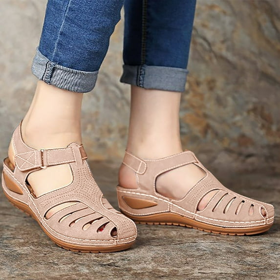 UTTOASFAY Sandals for Women Woman Summer Fashion Casual Sandals Casual Flat Solid Color Loophole Shoes Pink 4