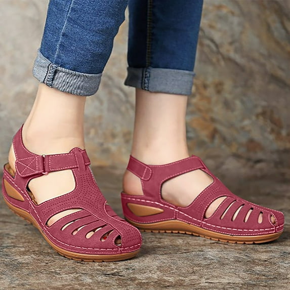 UTTOASFAY Sandals for Women Woman Summer Fashion Casual Sandals Casual Flat Solid Color Loophole Shoes Red 9