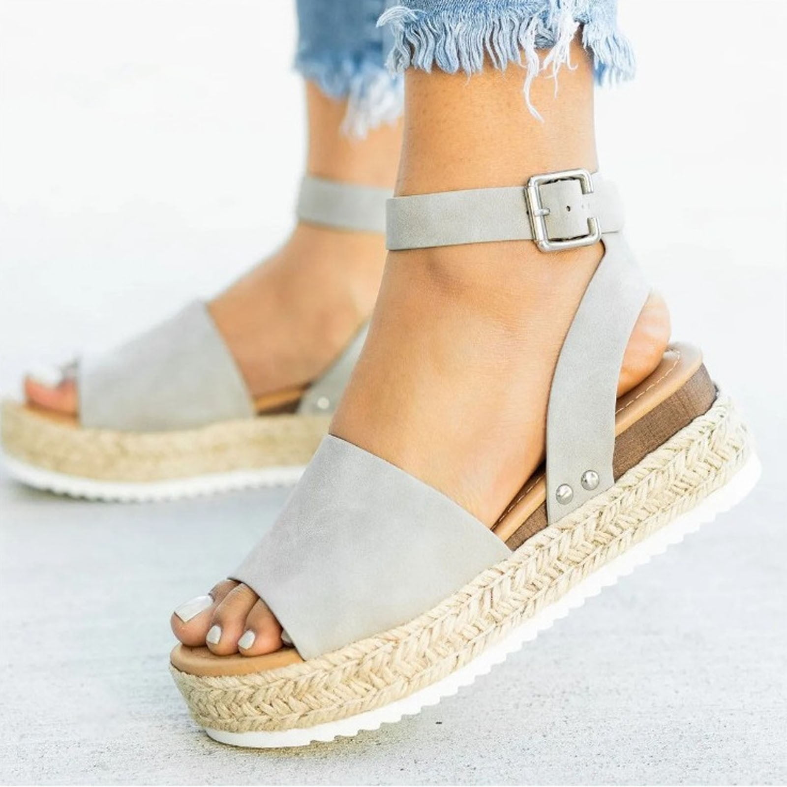 UTTOASFAY Sandals for Women Woman Summer Sandals Open Toe Casual Platform Wedge Shoes Casual Canvas Shoes Gray 8.5