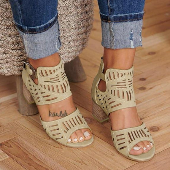 UTTOASFAY Sandals for Women Women Ladies Fashion Peep Toe High Heel Solid Buckle Casual Shoes Sandals Khaki 11