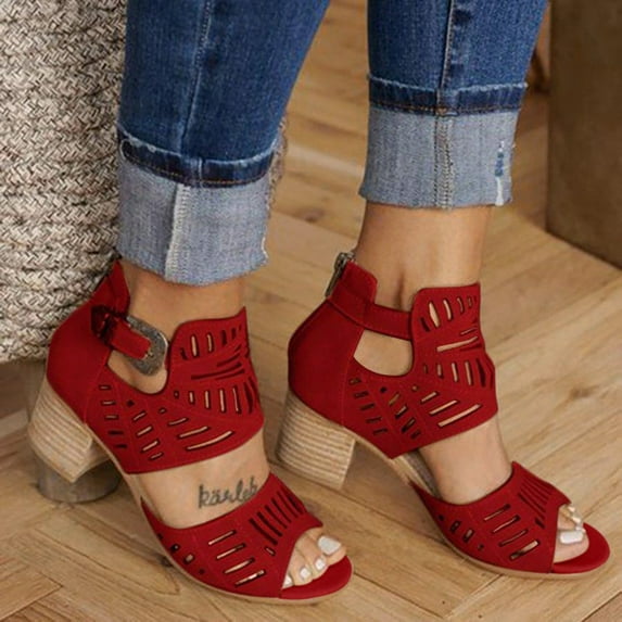 UTTOASFAY Sandals for Women Women Ladies Fashion Peep Toe High Heel Solid Buckle Casual Shoes Sandals Wine 6.5
