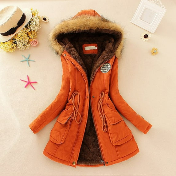 LoyisViDion Coat Winter Womens Warm Coat Hooded Jacket Slim Winter Outwear Coats Orange XL