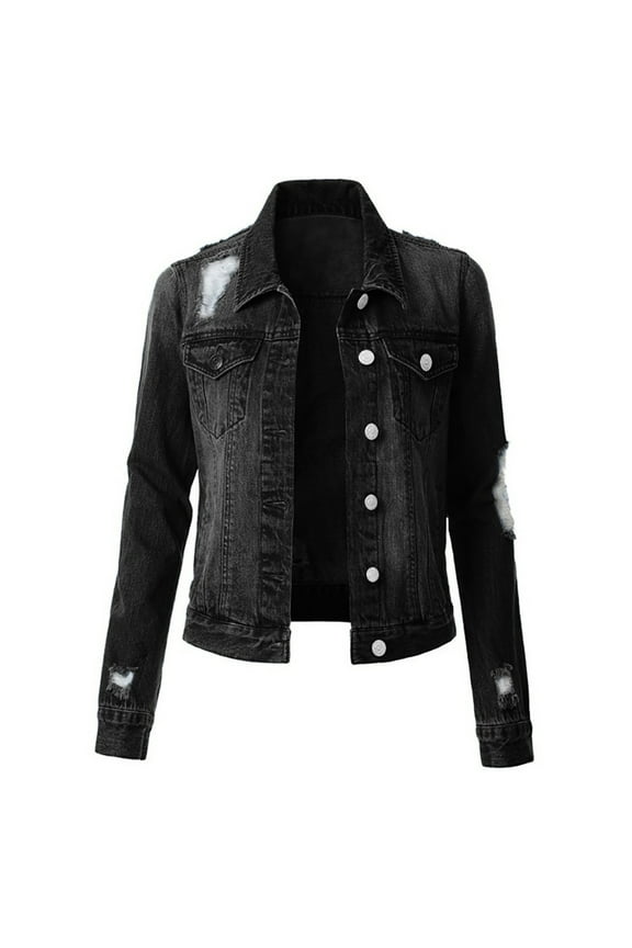 UTTOASFAY Coat Women Casual Denim Jacket Jean Coat Bead Outwear Overcoat Black M