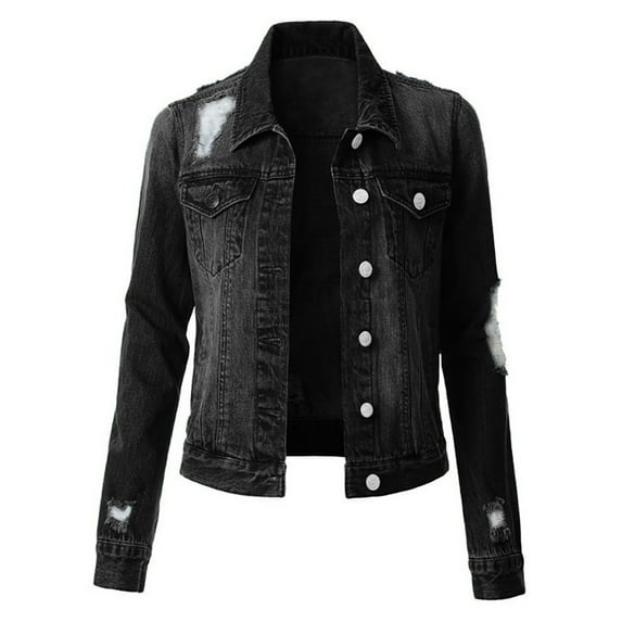 UTTOASFAY Coat Women Casual Denim Jacket Jean Coat Bead Outwear Overcoat Black S