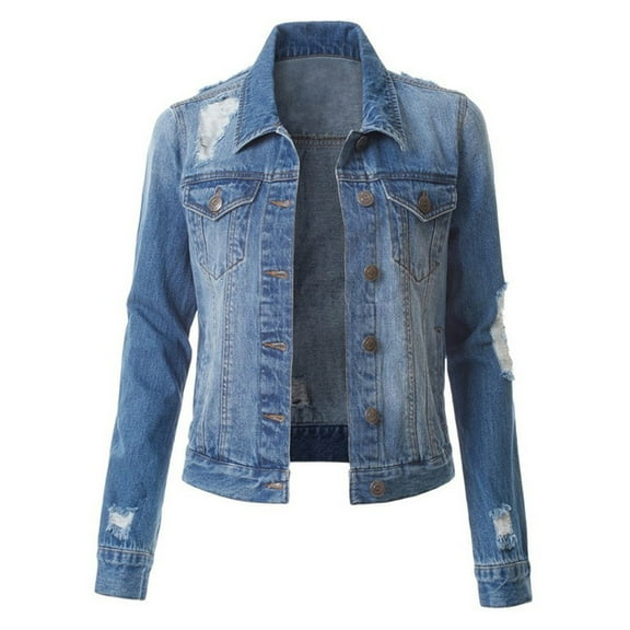 UTTOASFAY Coat Women Casual Denim Jacket Jean Coat Bead Outwear Overcoat Dark Blue L