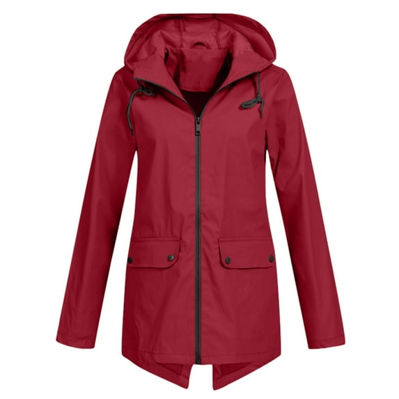 UTTOASFAY Coat Women Casual Solid Jacket Outdoor Plus Size Hooded Windproof Loose Coat Red 16(XXXL)