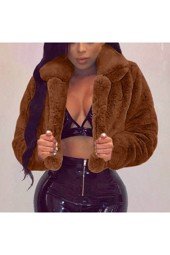 Coat Women Coat Fluffys Fleece Turn-Down Collar Faux Furs Top Short Loose Coat Brown 6(M)