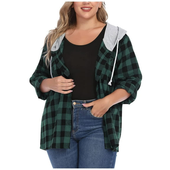LoyisViDion Coat Women Hoodie Plaid Flannel Shirt Plus Size Long Sleeve Jacket Sweatshirt Blouse Green 4(S)