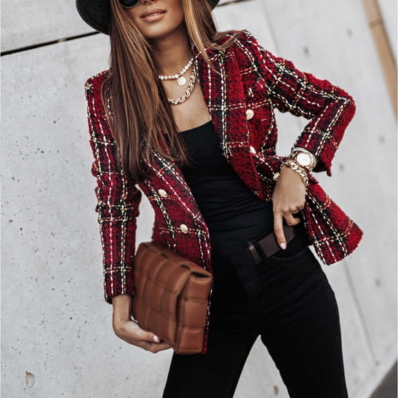 LoyisViDion Coat Women Plaid Check Suit Satin Jacket formal Cardigan Pocket Work office Suit Coat Wine S