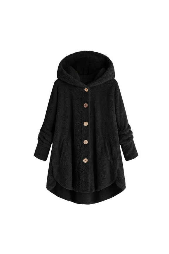 Coat Women Plus Size Button Plush Tops Hooded Loose Cardigan Wool Coat Winter Jacket Black 18(XXXL)