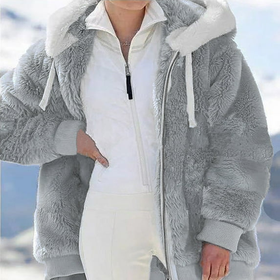 LoyisViDion Coat Women Plus Size Winter Warm Loose Plush Zip Hooded Jacket Coat Gray 14(XXXL)