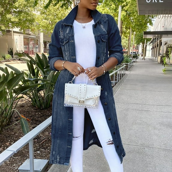 LoyisViDion Coat Women'S Mid Length Casual Handsome Distressed Denim Long Trench Coat Dark Blue 6(M)