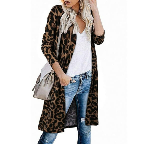 UTTOASFAY Coat Women'S Open Front Leopard Cardigan Pockets Long Sleeve Lightweight Sweater Coat Brown 12(XL)