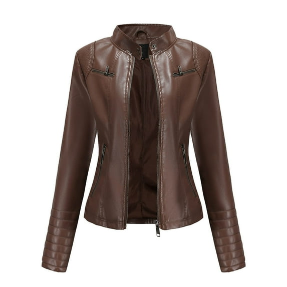 UTTOASFAY Coat Women'S Slim-Fit Leather Stand-Up Collar Zipper Motorcycle Suit Thin Coat Jacket Brown XXXL