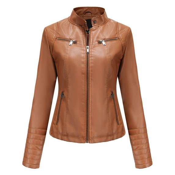 LoyisViDion Coat Women'S Slim-Fit Leather Stand-Up Collar Zipper Motorcycle Suit Thin Coat Jacket Coffee M