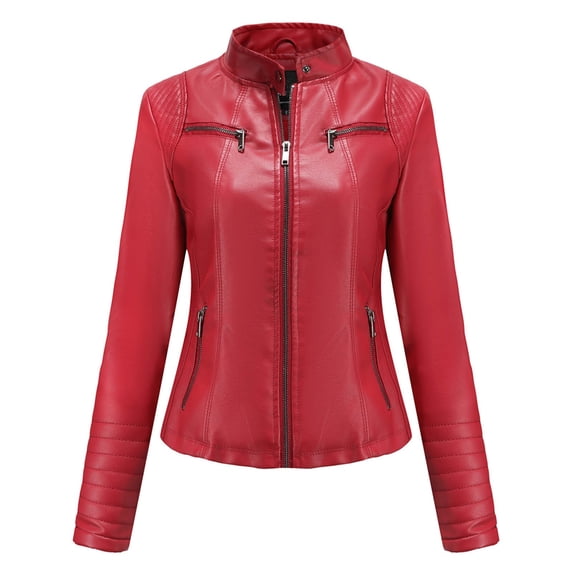 LoyisViDion Coat Women'S Slim-Fit Leather Stand-Up Collar Zipper Motorcycle Suit Thin Coat Jacket Red XL