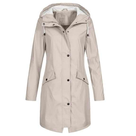 UTTOASFAY Coat Women's Solid Color Rain Jacket Outdoor Hooded Waterproof Windproof Long Coat Beige 10(XL)