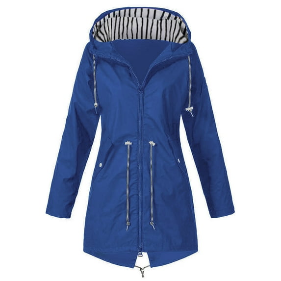 UTTOASFAY Coat Women's Solid Rain Jacket Outdoor Jackets Hooded Raincoat Windproof Blue 10(XL)