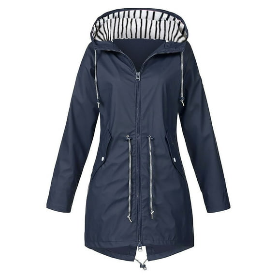 UTTOASFAY Coat Women's Solid Rain Jacket Outdoor Jackets Hooded Raincoat Windproof Navy 8(L)