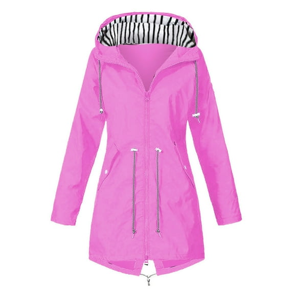 UTTOASFAY Coat Women's Solid Rain Jacket Outdoor Jackets Hooded Raincoat Windproof Pink 18(XXXXXL)