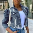 thumbnail image 1 of LoyisViDion Coat Women'S Street Short Lapel Frayed Breasted Denim Puff Sleeve Slim Denim Jacket Dark Blue 8(L), 1 of 8