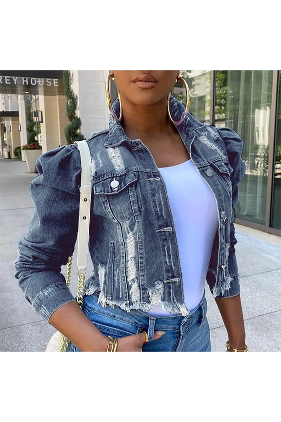 Coat Women'S Street Short Lapel Frayed Breasted Denim Puff Sleeve Slim Denim Jacket Dark Blue 8(L)