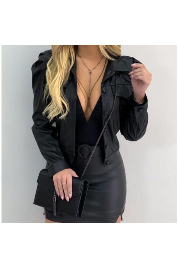 Coat Women'S Street Short Lapel Frayed Breasted Denim Puff Sleeve Slim Leather Jacket Black 8(L)