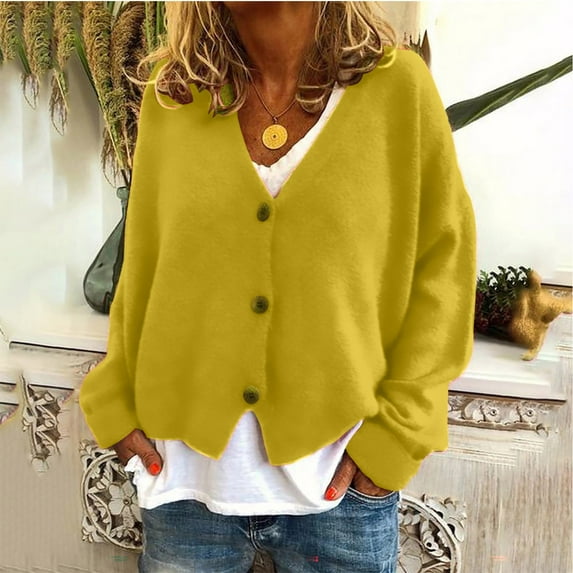 UTTOASFAY Coat Women Solid Color Casual Long Sleeve Knitted Cardigan Sweater Coat Yellow 8(L)