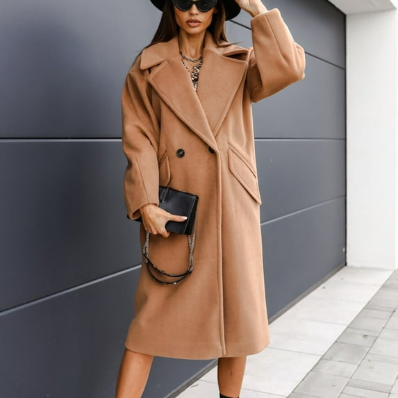 UTTOASFAY Coat Women Solid Lapel Woolen Button Up Pocketed Long Sleeve Breasted Trench Coat Long Outwear Khaki 10(XL)