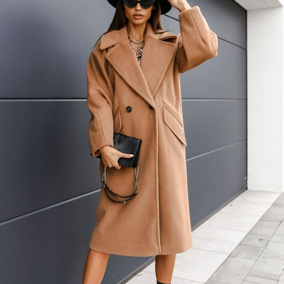 UTTOASFAY Coat Women Solid Lapel Woolen Button Up Pocketed Long Sleeve Breasted Trench Coat Long Outwear Khaki 10(XL)