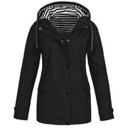 LoyisViDion Coat Women Solid Rain Jacket Outdoor Plus Size Waterproof Hooded Raincoat Windproof Black 12(L)