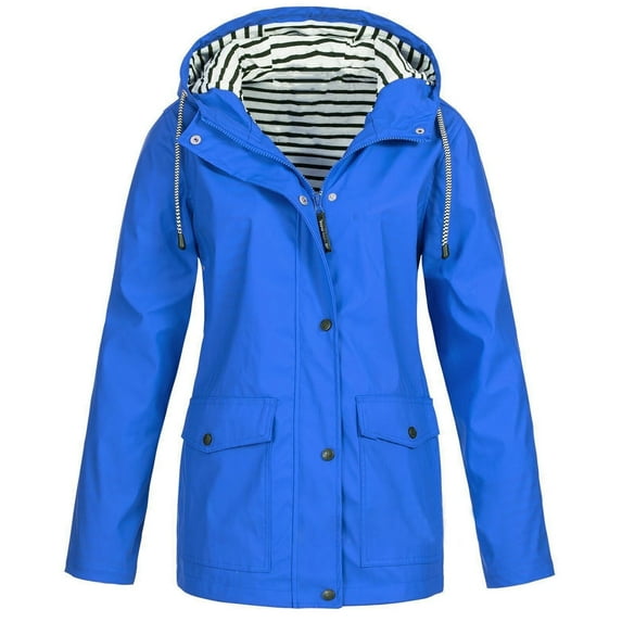 UTTOASFAY Coat Women Solid Rain Jacket Outdoor Plus Size Waterproof Hooded Raincoat Windproof Blue 20(XXXXL)