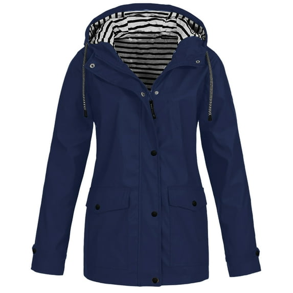LoyisViDion Coat Women Solid Rain Jacket Outdoor Plus Size Waterproof Hooded Raincoat Windproof Navy 14(XL)