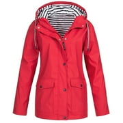LoyisViDion Coat Women Solid Rain Jacket Outdoor Plus Size Waterproof Hooded Raincoat Windproof Red 14(XL)