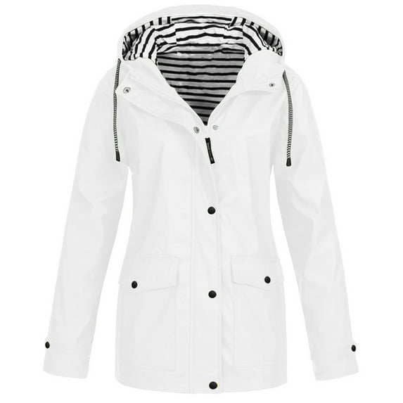 LoyisViDion Coat Women Solid Rain Jacket Outdoor Plus Size Waterproof Hooded Raincoat Windproof White 18(XXXL)