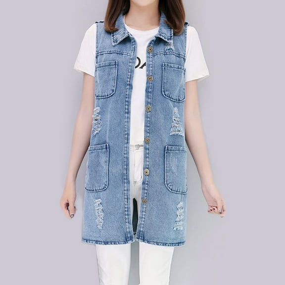 UTTOASFAY Coat Women Spring Autumn Denim Vest Loose Long Denim Solid Blue Color Vest Jacket Blue XXL