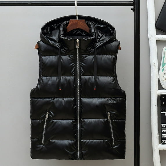 LoyisViDion Coat Women Vest Loose Bright Leather Solid Color Stand Collar Cotton Waistcoat Vest Jacket Black 14(XXXL)