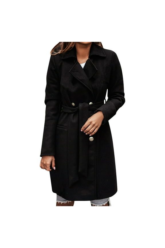 UTTOASFAY Coat Womens Autumn and Winter Lapel Woolen Cloth Coat Trench Jacket Long Overcoat Outwear Black 8(L)